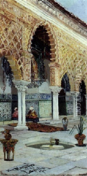 A Courtyard In Seville Oil Painting - Jose Montenegro Cappell