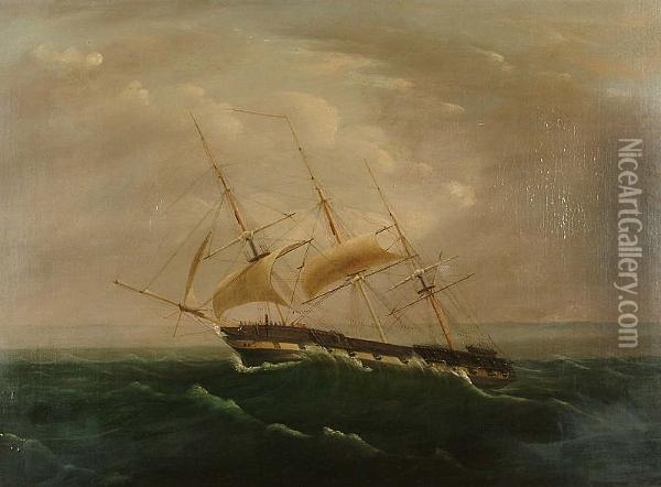 An Armed Merchantman Reefed Down In A Heavy Gale Oil Painting - Thomas Buttersworth