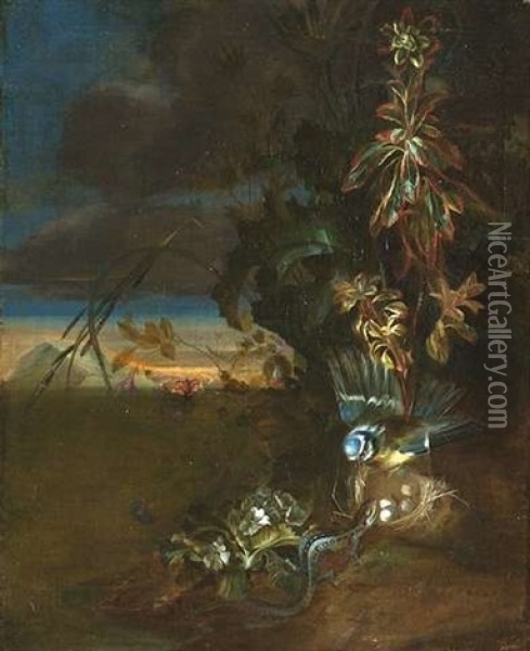 Waldboden-stilleben Mit Einer Blaumeise, Die Ihr Nest Vor Einer Eidechse Verteidigt Oil Painting - Otto Marseus van Schrieck