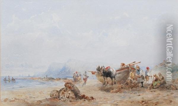 Fishermen On The Shore Oil Painting - William Davison