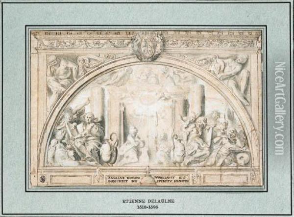 The Annunciation, With God The Father Flanked By Four Allegoricalfigures: Design For A Lunette Above The High Altar Of The Chapellede La Trinit At Fontainebleau Oil Painting - Martin Frminet