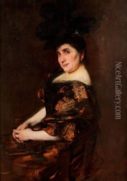 Portrait Einer Dame In Festlichem Kleid Mit Weitem, Schwarzem Hut Oil Painting - Max Thedy