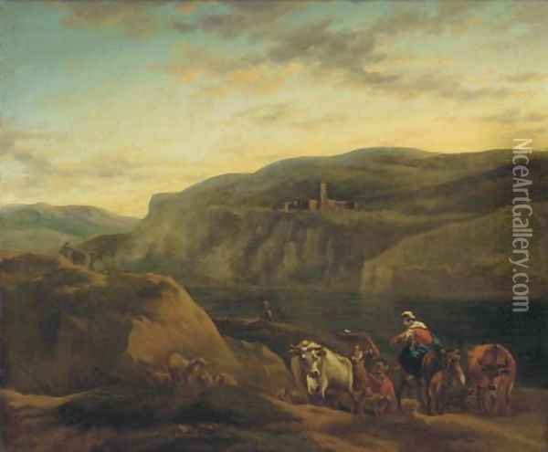 An Italianate landscape with shepherds and their flocks Oil Painting - Nicolaes Berchem