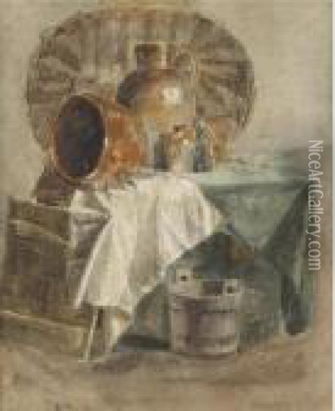 Still Life With A Basket, Jars, A Bowl And White Cloth Oil Painting - Peter de Wint