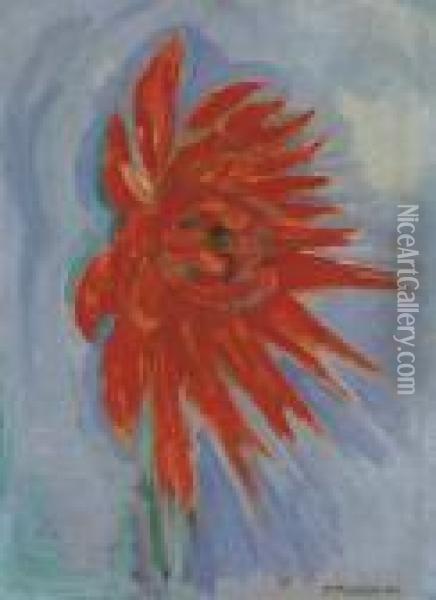 Red Chrysanthemum On Blue Background Oil Painting - Piet Mondrian