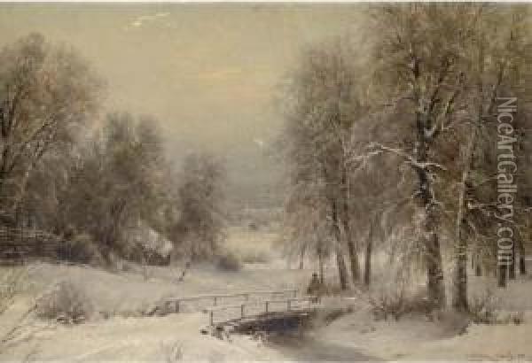 A Winter Landscape With A Figure Crossing A Bridge Oil Painting - Ivan Avgustovich Vel'ts