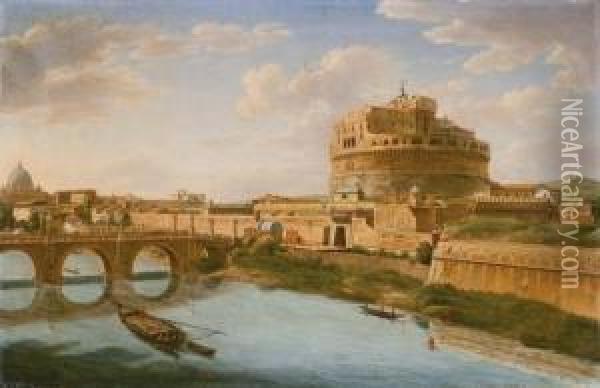 The Tiber, Rome, With The Ponte 
And Castel Sant' Angelo, The Basilica Of St. Peter's Beyond Oil Painting - Hendrik Frans Van Lint