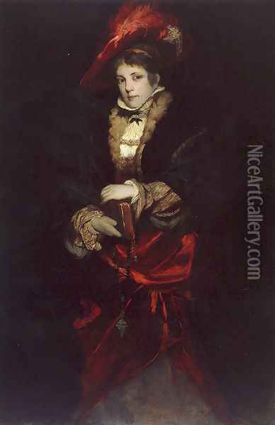 Portrait Of A Lady With Red Plumed Hat Oil Painting - Hans Makart