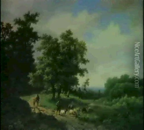 A Wooded Landscape With A Shepherd Driving Sheep And        Travellers Beyond Oil Painting - Marinus Adrianus Koekkoek