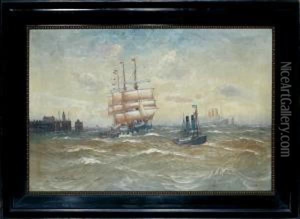 Marine With Several Ship At The Habour Entrance Oil Painting - Alfred Jensen