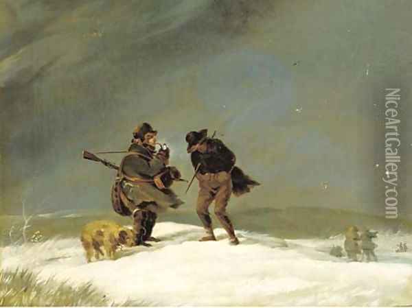 Outpost of a shooting party a sportsman, his dog and a beater in the snow Oil Painting - German School