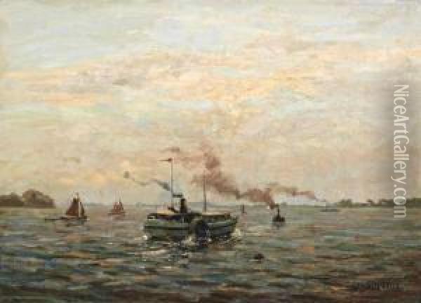 Rivierlandschap Met Zeilschepen En Raderboot Oil Painting - Joannes Koppius Wilbrandus