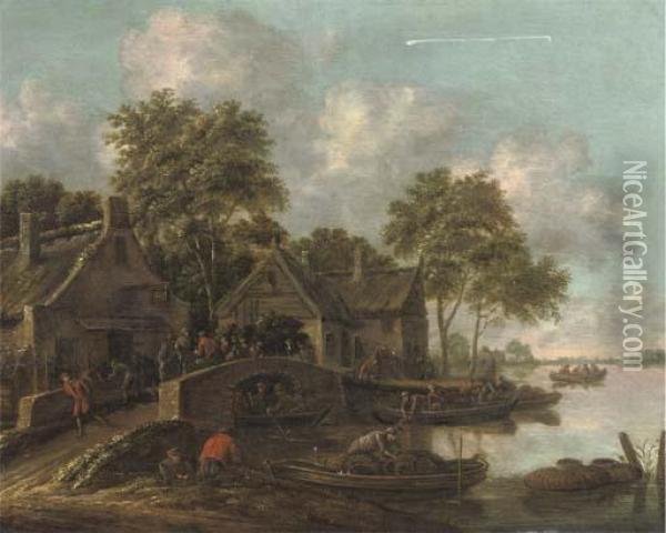 A River Landscape With Fishermen
 Bringing In Their Catch And Villagers Conversing On A Bridge Oil Painting - Thomas Heeremans