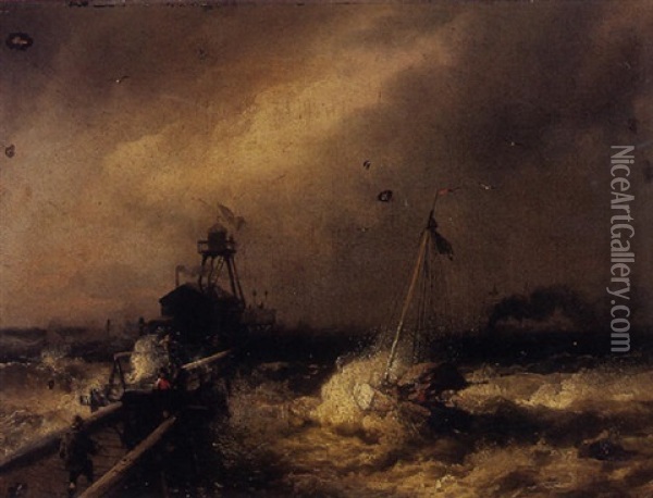 Fishing Pier And Boat On A Stormy Day Oil Painting - Hermann Herzog