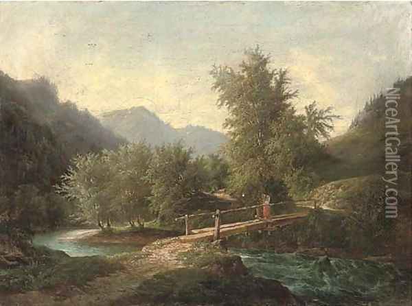 A mountainous wooded river landscape with a figure crossing a bridge Oil Painting - John O'Connor