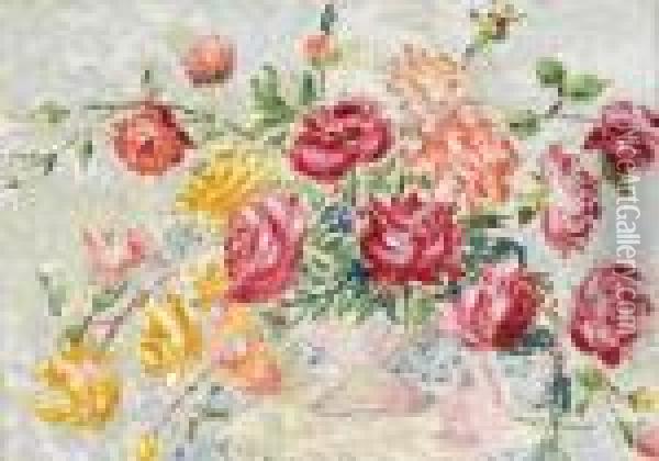 Bouquet De Roses Dans Un Vase Oil Painting - Achille Lauge