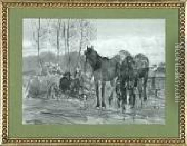 Otto Bache: A Study Of Two Horses Oil Painting - Otto Bache