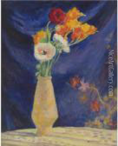 Vase D'anemones Sur Fond Bleu Oil Painting - Henri Lebasque