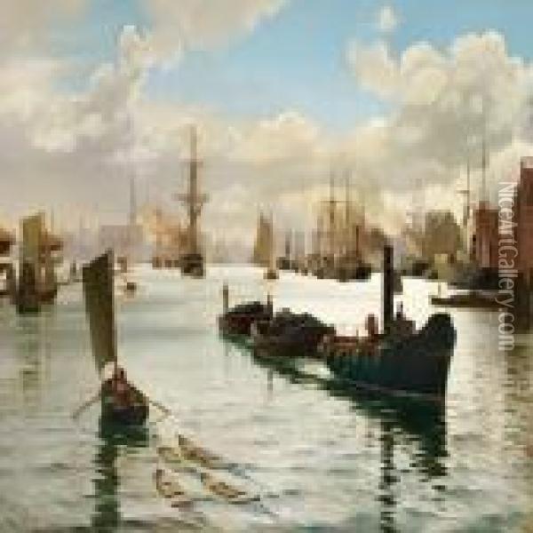 Havnen Set Fra Brohovedet Pa Den Ostlige Side Af Bomlobet Oil Painting - Christian Vigilius Blache