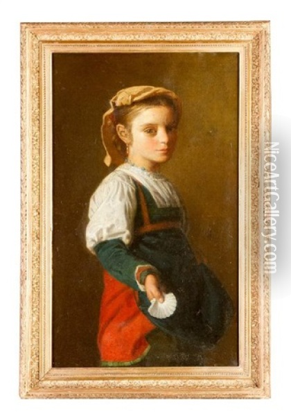 Young Girl With Mussel In Front Of Brown Background Oil Painting - Luigi Bechi