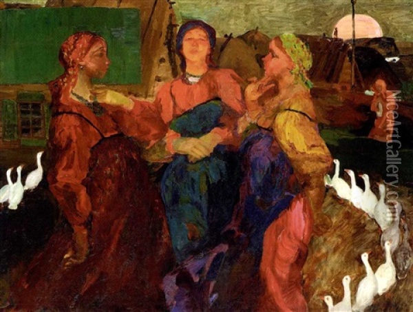Three Peasant Women In A Farmyard Oil Painting - Filip Malyavin