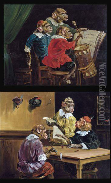Les Singes Musiciens - Singes A L'auberge Oil Painting - Henry Schouten