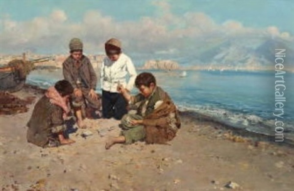 Kleine Neapolitaner Beim Kartenspiel Am Strand Oil Painting - Giuseppe Giardiello
