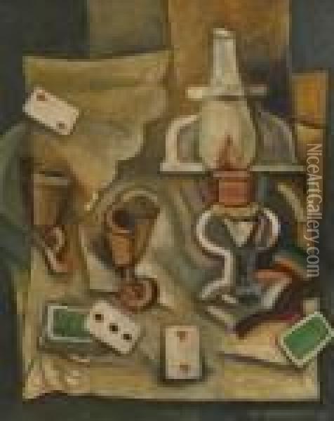 Stillleben Mit Petrollampe Und Spielkarten. 1921 Oil Painting - Antonin Prochazka