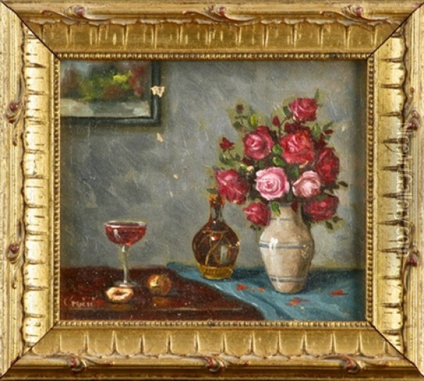 Stillleben Mit Rosen In Vase Und Wein Oil Painting - Menci Clemens Crncic