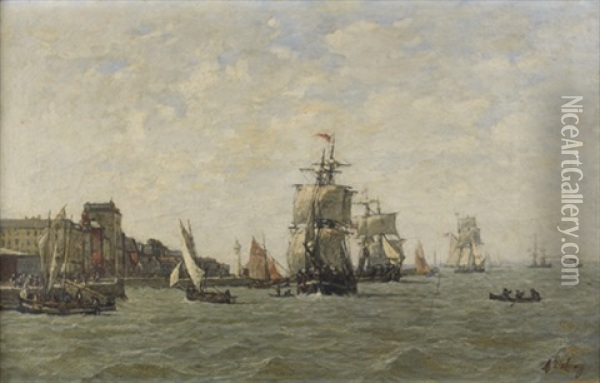 Navires Pres D'un Port Oil Painting - Alexandre Dubourg