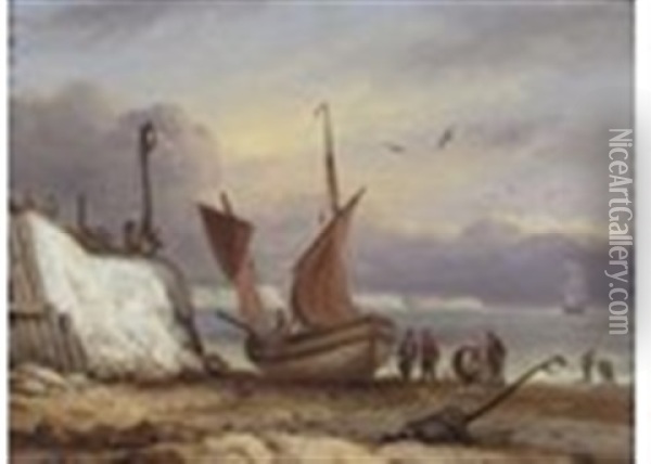 A Beached Fishing Boat By A Cliff With Fishermen And Women Oil Painting - Thomas Luny