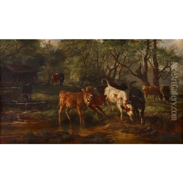Cows Watering Oil Painting - Rosa Bonheur