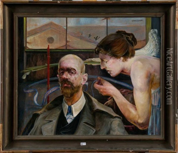 Autoportrait A La Muse Oil Painting - Jacek Malczewski