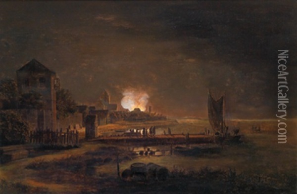Nachtliche Feuersbrunst In Einer Hafenstadt Oil Painting - Frederik Michael Ernst Fabritius de Tengnagel