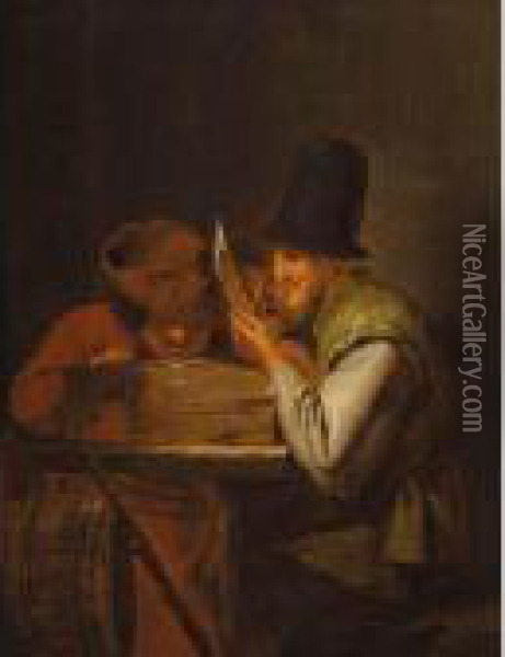 Three Peasants Seated At A Table, Singing Oil Painting - Adriaen Brouwer