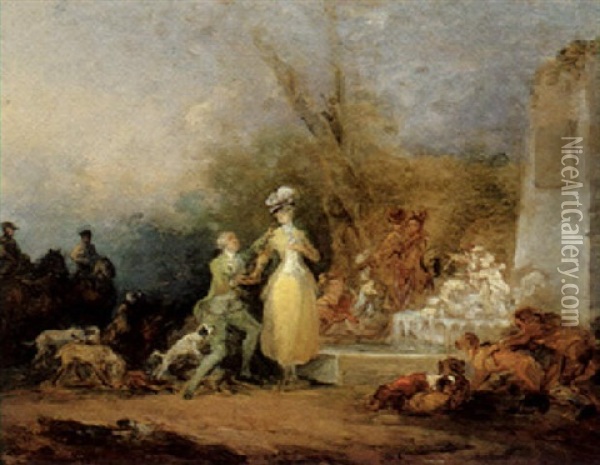 An Elegant Couple Resting With Their Hounds Beside A Fountain Oil Painting - Jean-Pierre Norblin De La Gourdaine