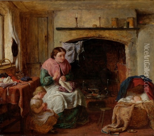 Interieur Mit Mutter Bei Der Naharbeit, Kleinem Madchen Und Kind In Der Wiege Oil Painting - George Smith