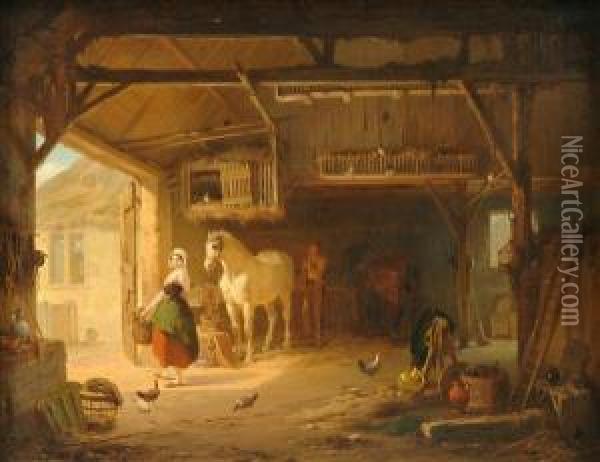 Stableinterior With Figures, Poultry And Horse Oil Painting - Jean Louis van Kuyck