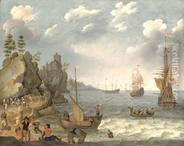 A coastal landscape with shipping and fishermen selling their catch Oil Painting - Isaac Willaerts