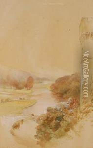 Watercolour, Riverlandscape At Lismore Castle, Signed, 19