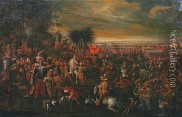 A Turkish Pageant With A Sultan, Numerous Figures And Animals, Elephants, Camels Etc Oil Painting - Jean-Baptiste Vanmour
