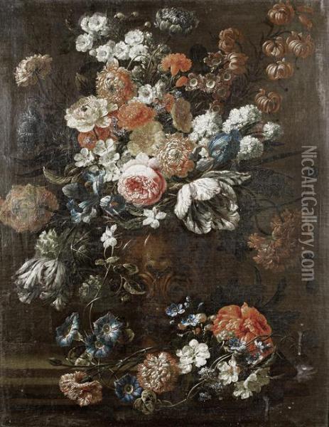 A Still Life Of Roses, Tulips, Convolvulus Andother Flowers In A Moulded Bronze Vase On A Stone Ledge Oil Painting - Jan-baptist Bosschaert
