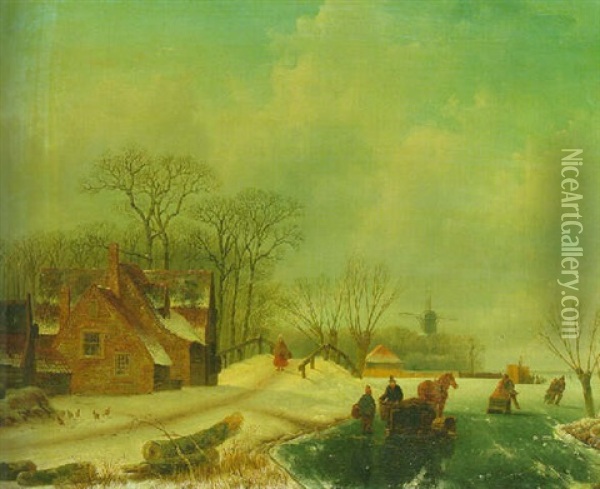 A Winter Landscape With Figures On A Frozen Waterway With A Koek En Zopie Beyond Oil Painting - Jacobus Loerenz Sorensen
