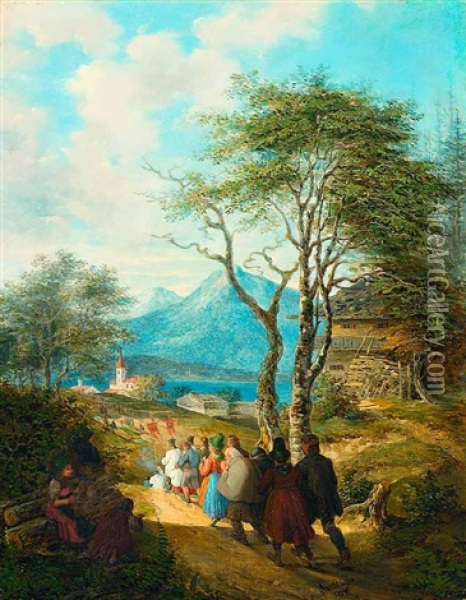 Prozession, Im Hintergrund Ein Dorf Mit See Oil Painting - Karl August Aerttinger