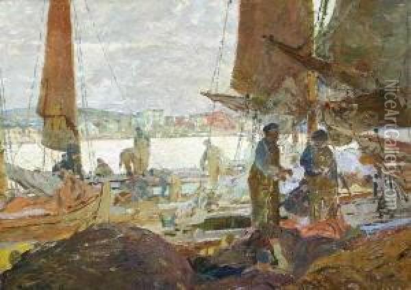 Marstrand. Fischer Mit Ihren Booten Im Hafen Der Schwedischen Insel Marsstrand Oil Painting - Heine Rath