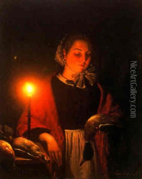 A Candlelit Market With A Woman And Game Oil Painting - Petrus van Schendel