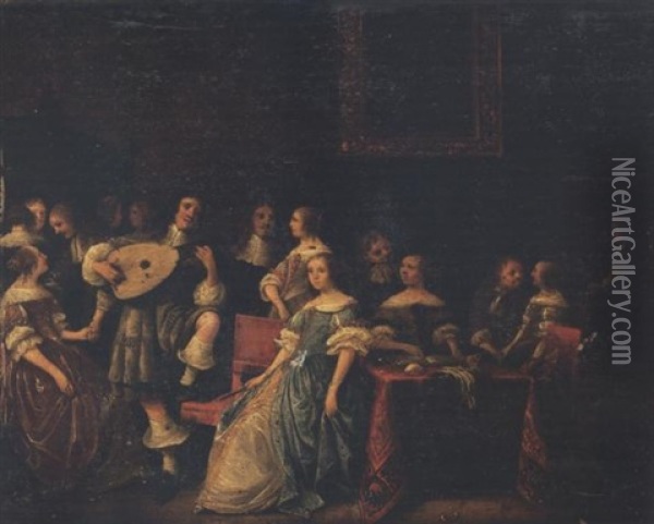 An Elegant Company Making Music In An Interior Oil Painting - Anthonie Palamedesz