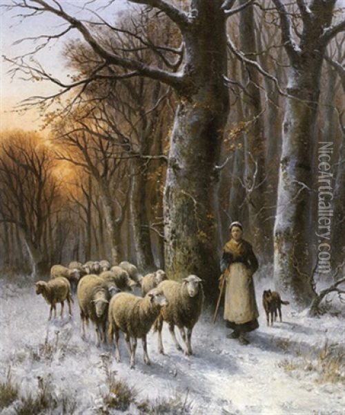 Hirtenmadchen Mit Schafherde Und Hund Im Winterwald Oil Painting - Hendrik Barend Koekkoek