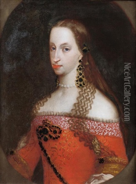 Portrait Presume De Marie-louise D'orleans, Epouse Du Roi Charles Ii D'espagne Dans Un Ovale Peint Oil Painting - Juan Carreno De Miranda