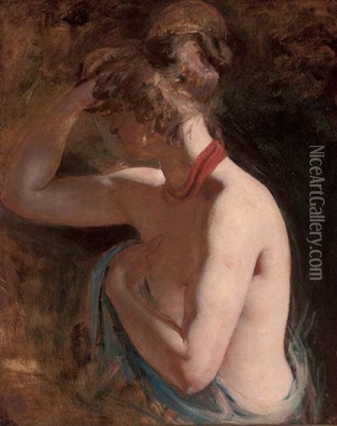 Female Nude Draped In A Blue Wrap With A Red Scarf Around Her Neck (study) Oil Painting - William Etty